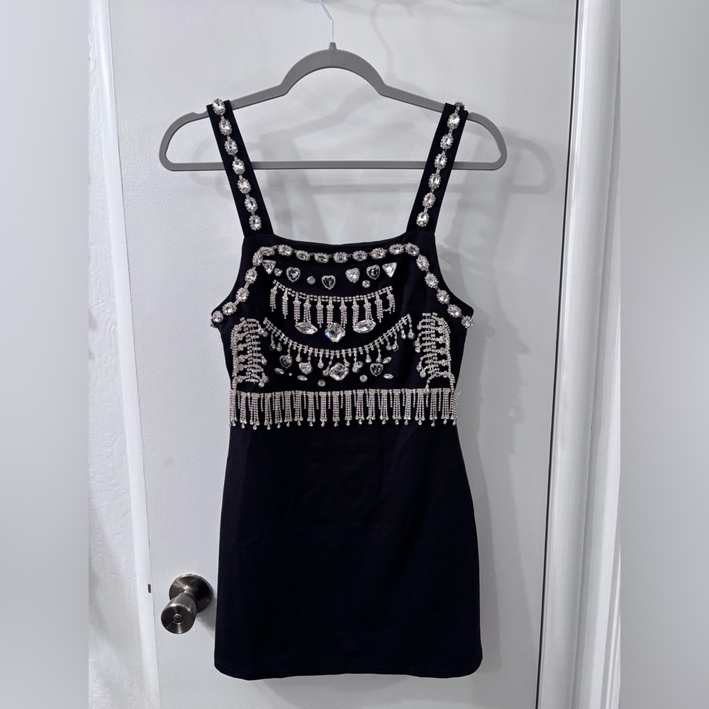 Edgy Black Unique Embellished Mini Dress, size L